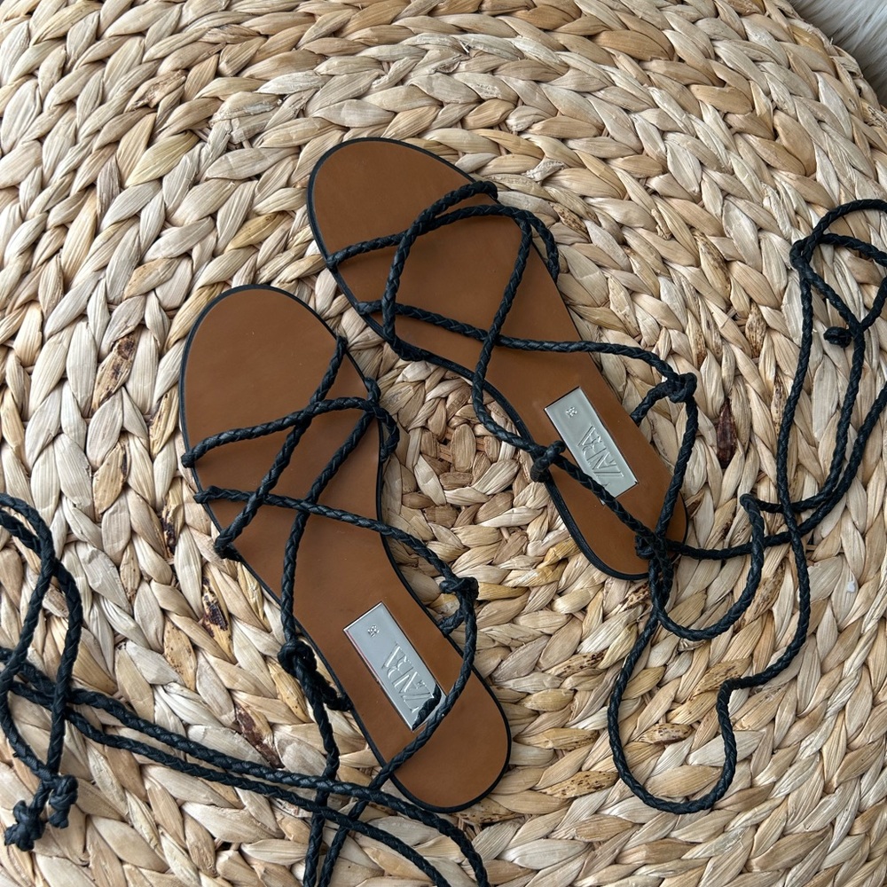 Zara lace-up Black Braided Sandals with Brown Footbed worn twice